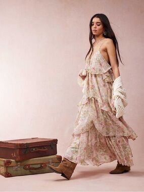 ASOS Pink Floral Ruffle Tiered Maxi Dress
